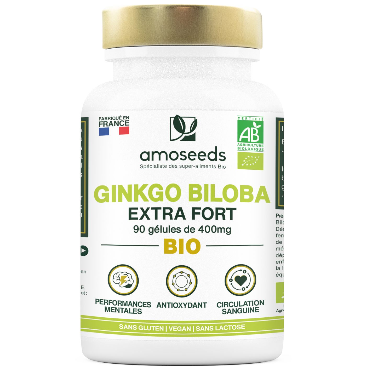 Flacon blanc, bouchon doré. Inscription: amoseeds GINKGO BILOBA BIO, EXTRA FORT. 90 gélules.