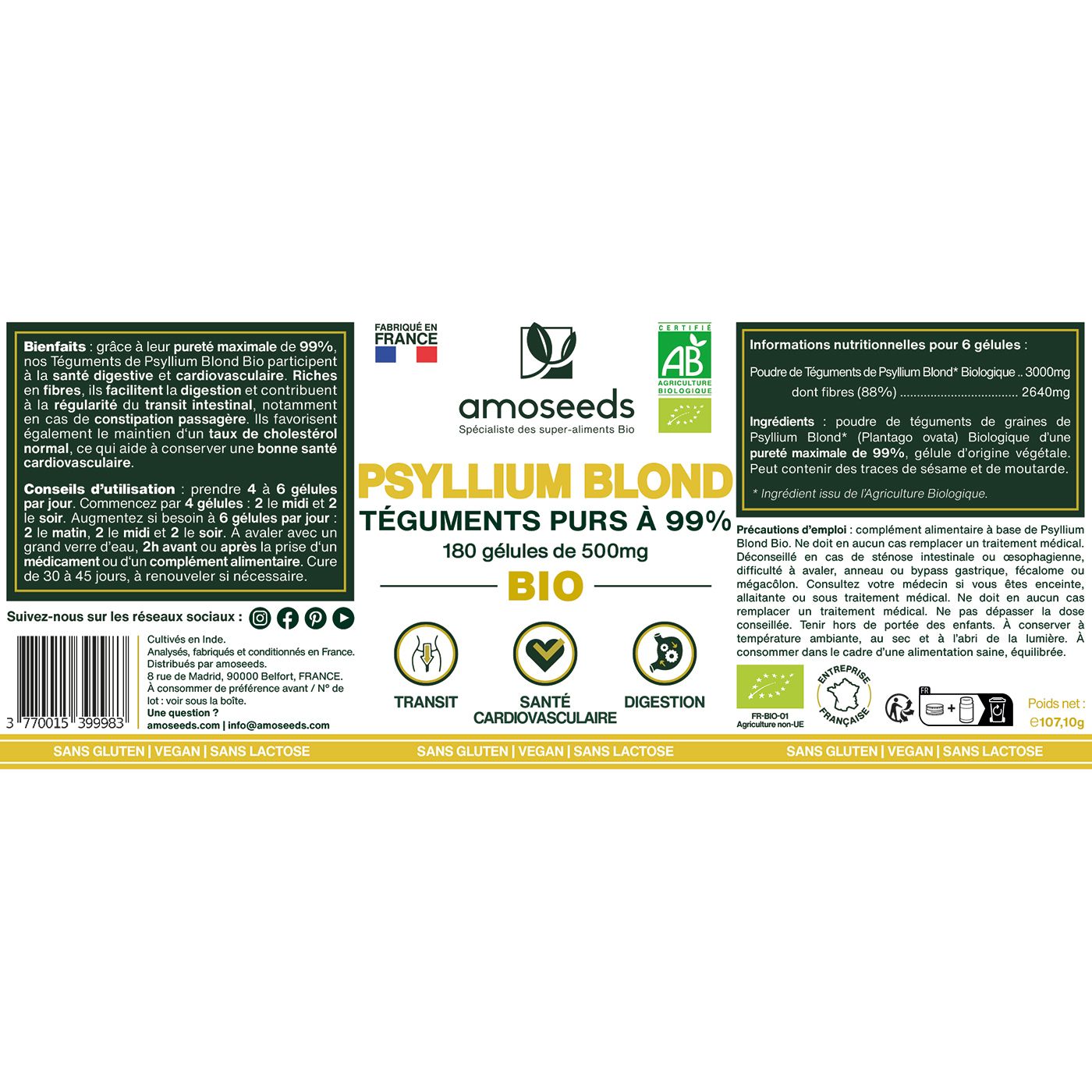 amoseeds PSYLLIUM BLOND BIO, TÉGUMENTS PURS À 99%