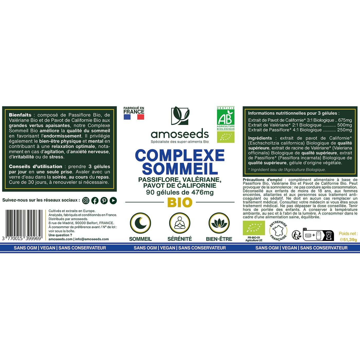 amoseeds COMPLEXE SOMMEIL BIO - PASSIFLORE, VALÉRIANE, PAVOT DE CALIFORNIE