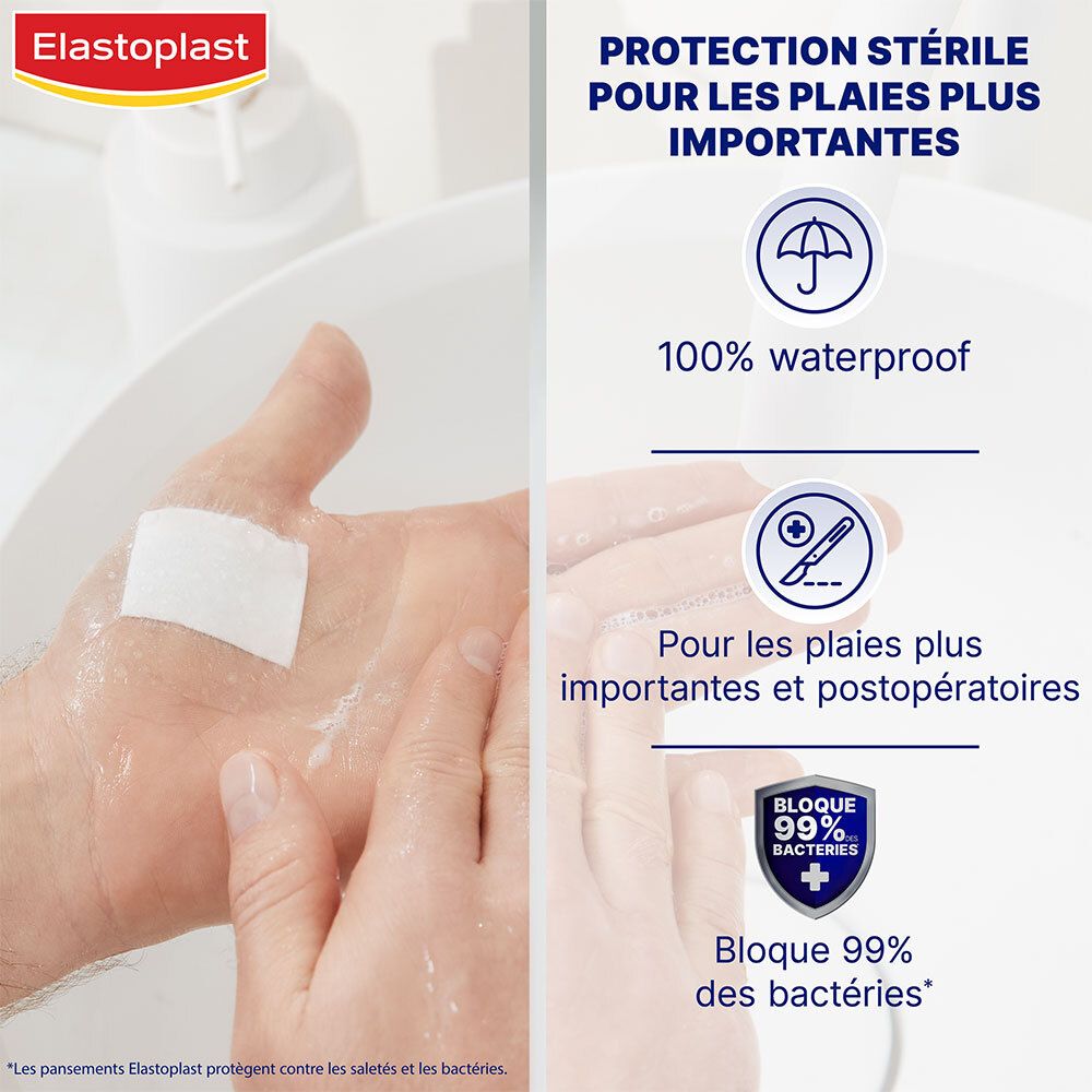 Pansement Elastoplast sur main. Texte: 100% étanche, stérile, pour plaies importantes. Bloque 99% des bactéries.