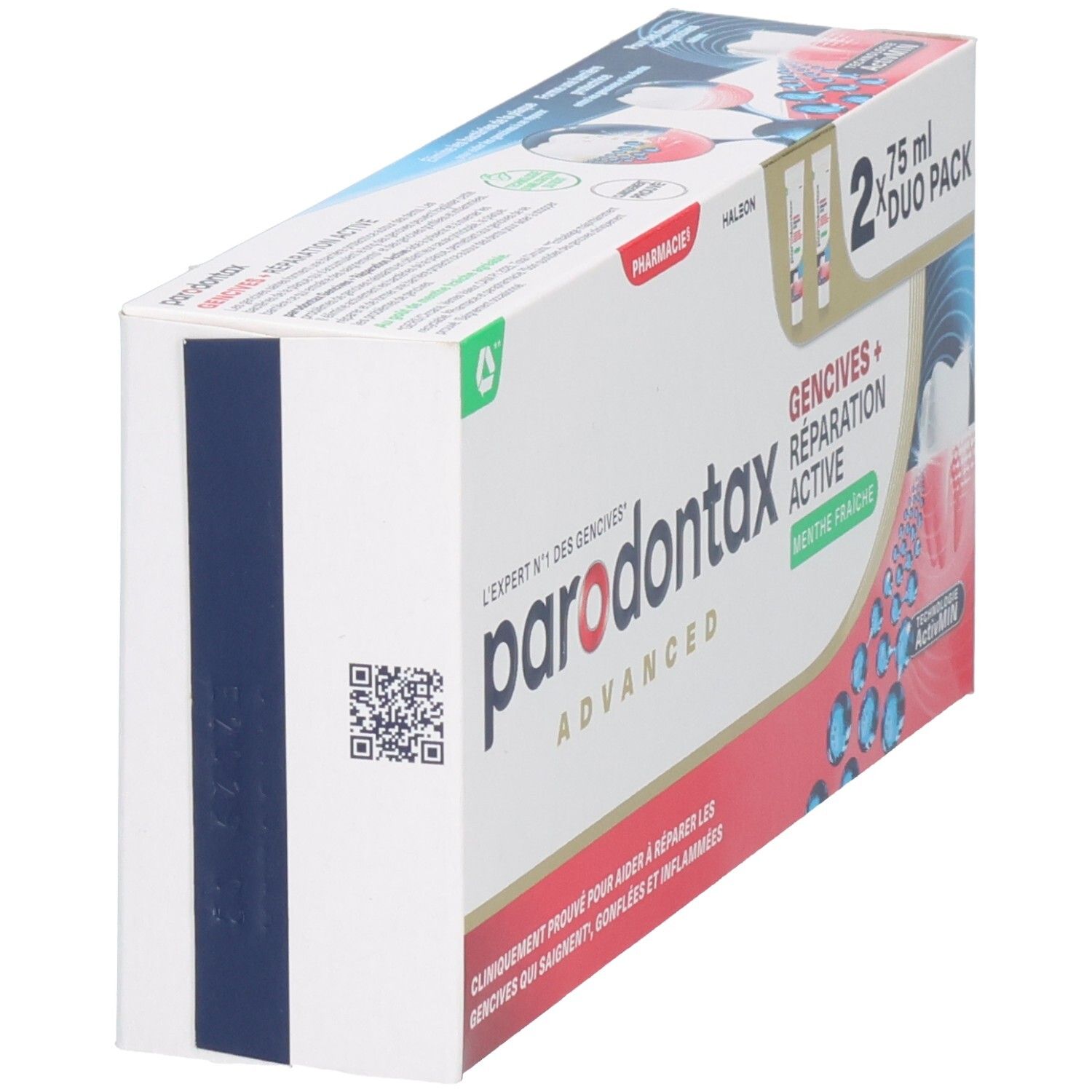 Parodontax Advanced Duo Pack dentifrice, vue latérale avec code QR.