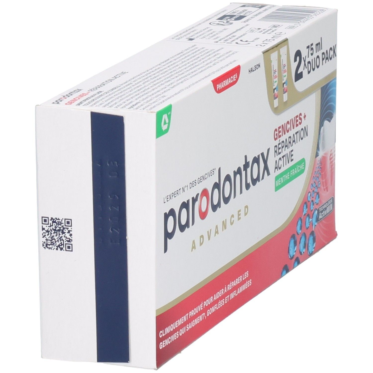 Parodontax Advanced Duo Pack dentifrice, vue latérale avec code QR.