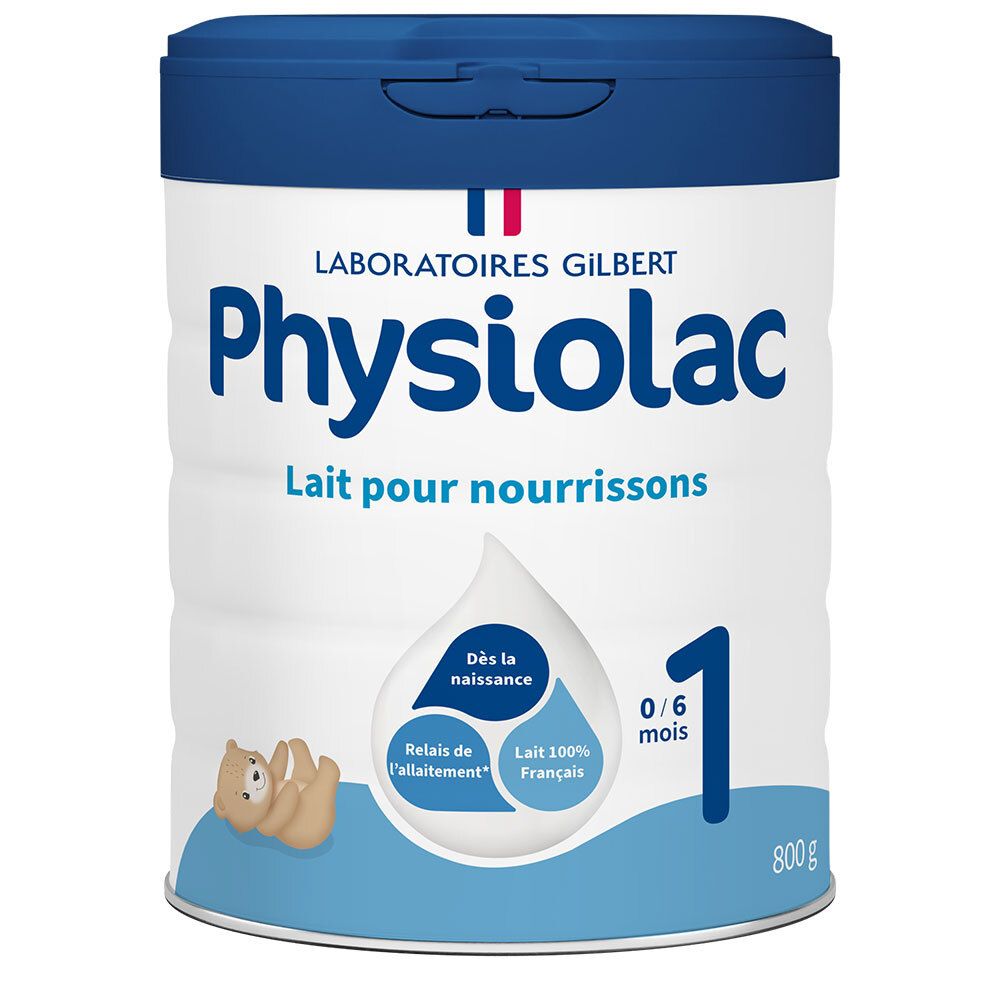 Boîte de lait en poudre Physiolac 1. Bleu et blanc, avec couvercle. Inscription : Lait pour nourrissons, 0/6 mois, 800g.