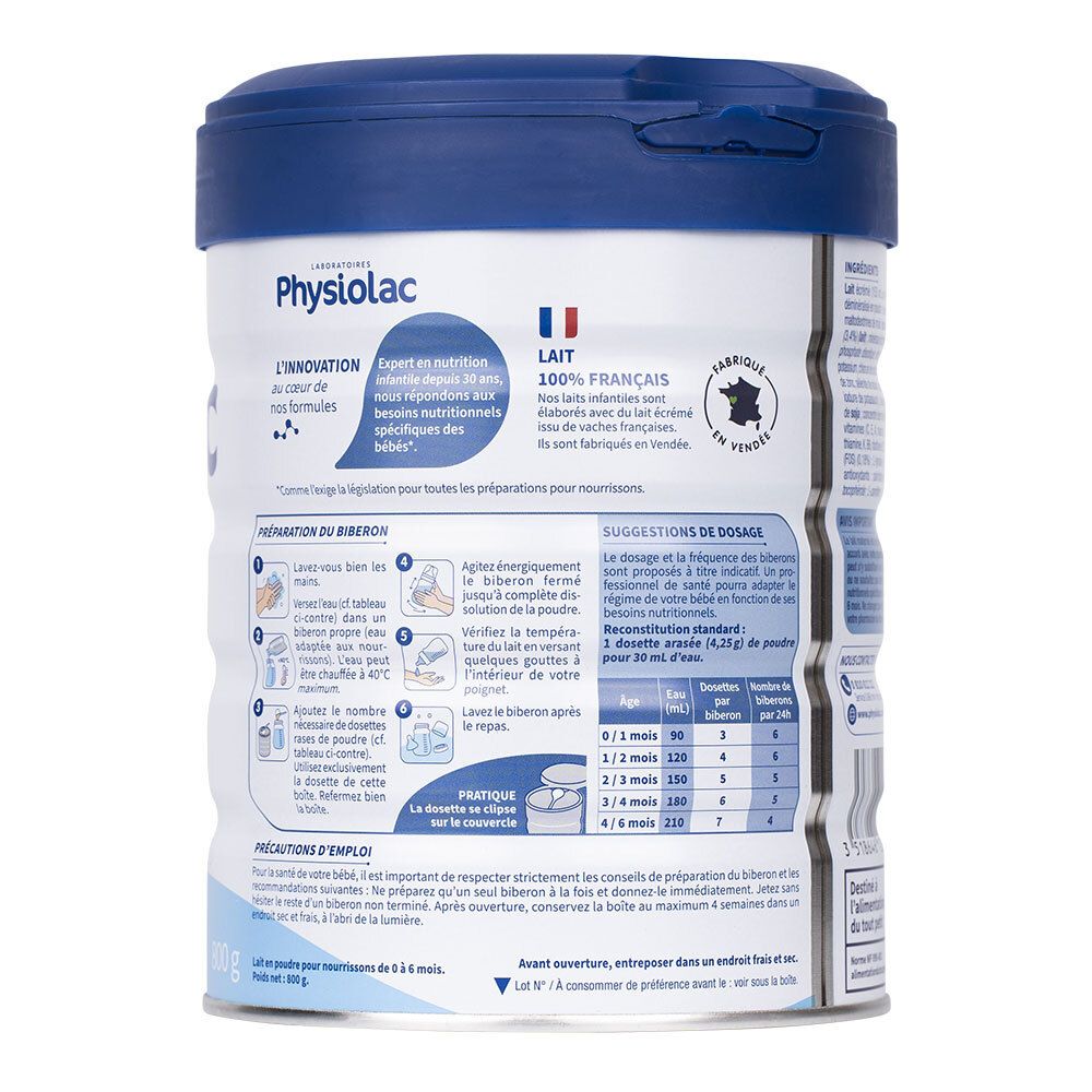 Dos de la boîte de lait en poudre Physiolac 1. Texte, conseils de dosage, instructions de préparation, drapeau français.
