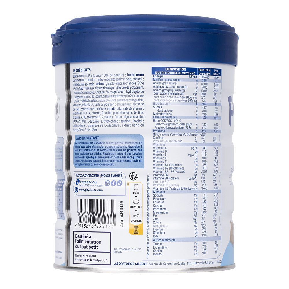 Dos de la boîte de lait en poudre Physiolac 1. Liste des ingrédients, informations nutritionnelles, coordonnées.