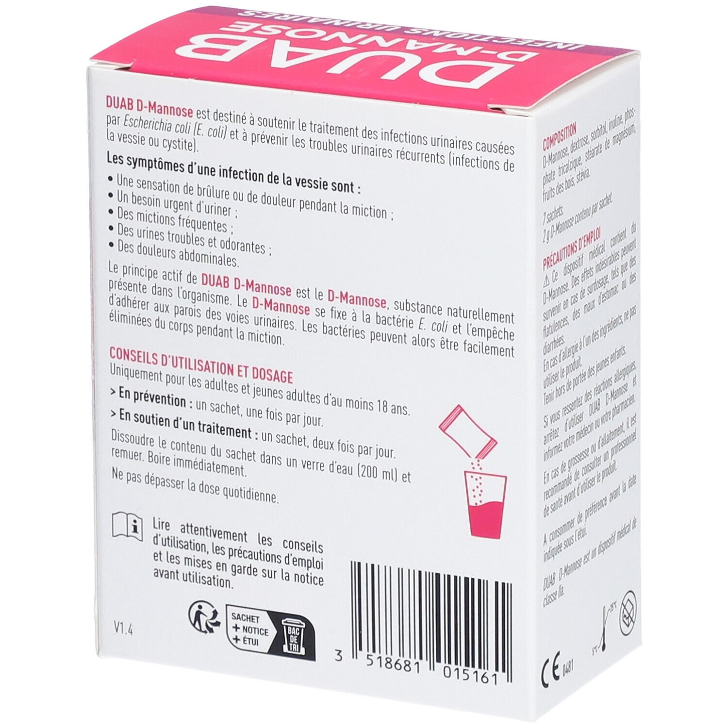 Dos de la boîte DUAB D-MANNOSE. Texte sur l'utilisation et les ingrédients. Contient 7 sachets. Marque : Granions.