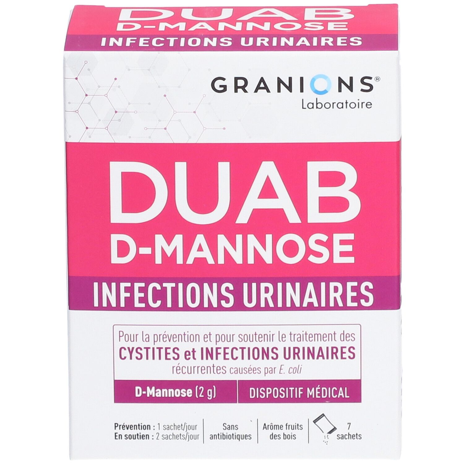 Boîte DUAB D-MANNOSE. Rose et blanche. Texte : Infections urinaires. Marque : Granions. Contient 7 sachets.