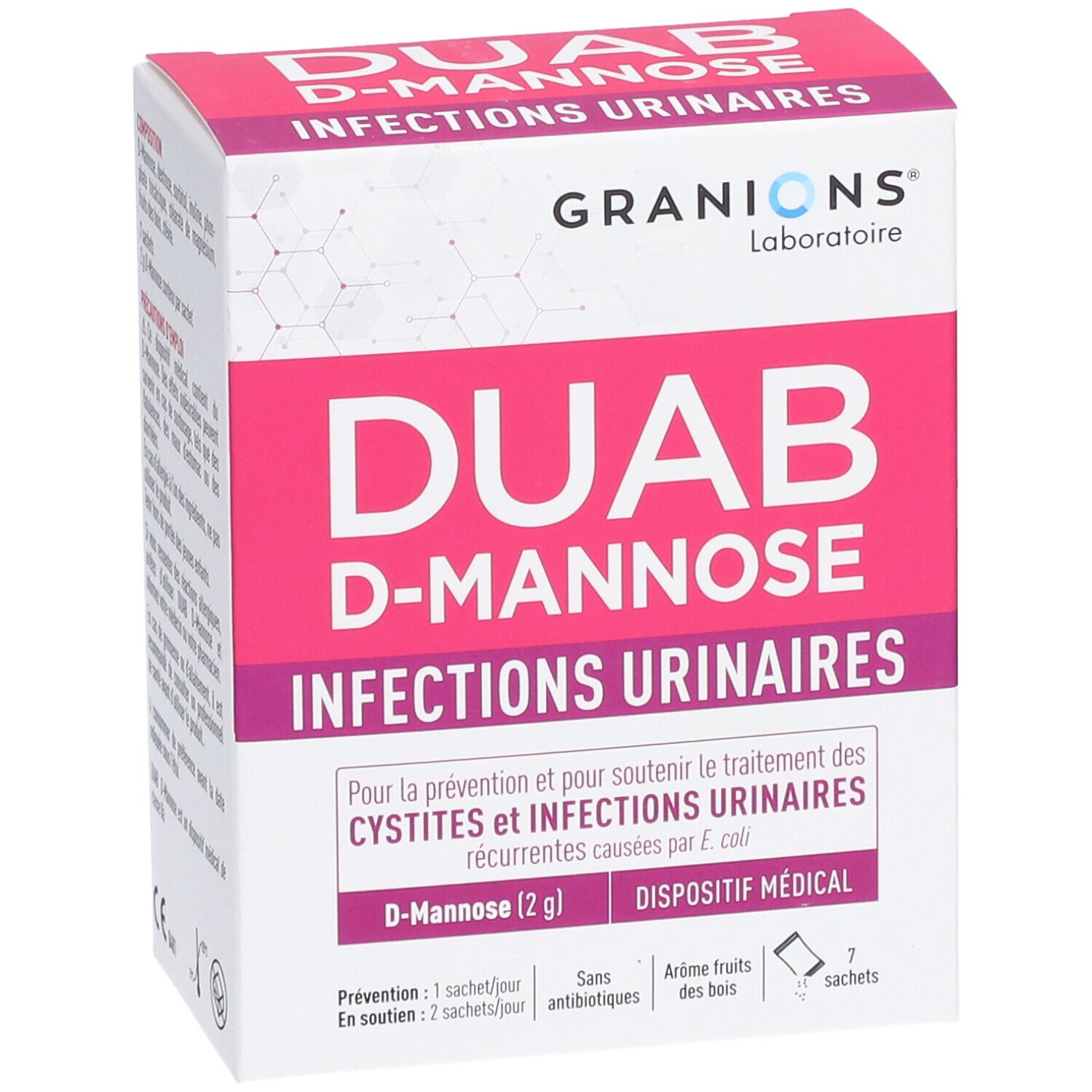 Boîte DUAB D-MANNOSE. Rose et blanche. Texte : Infections urinaires. Marque : Granions. Contient 7 sachets.