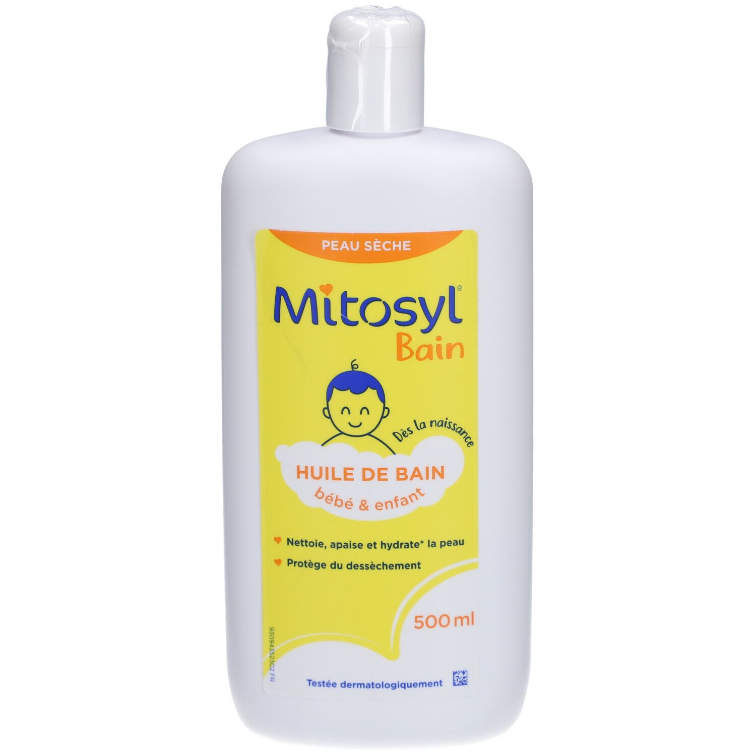 Flacon blanc avec étiquette jaune. Inscription: Mitosyl Bain, Huile de Bain bébé & enfant. Symbole bébé.