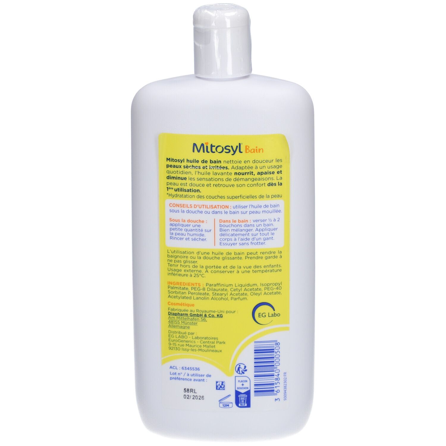 Dos du flacon blanc. Étiquette jaune avec texte: Mitosyl Bain, conseils d'utilisation, ingrédients. Code-barres.