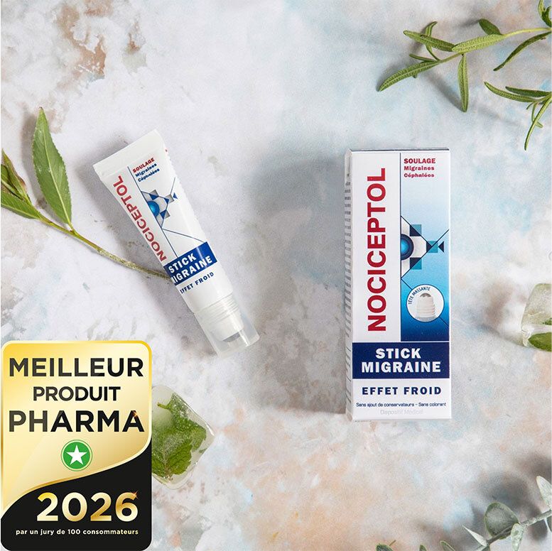 Stick Nociceptol Migraine avec boîte et label 'Meilleur Produit Pharma 2026'.