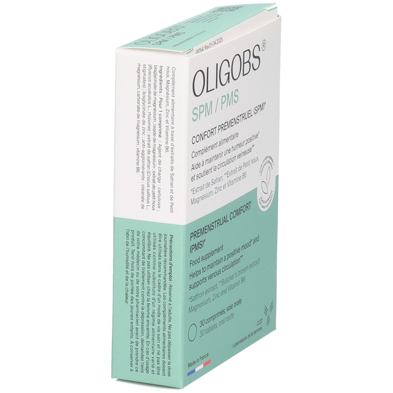Oligobs SPM/PMS : vue latérale de la boîte de 30 comprimés, informations sur les ingrédients.
