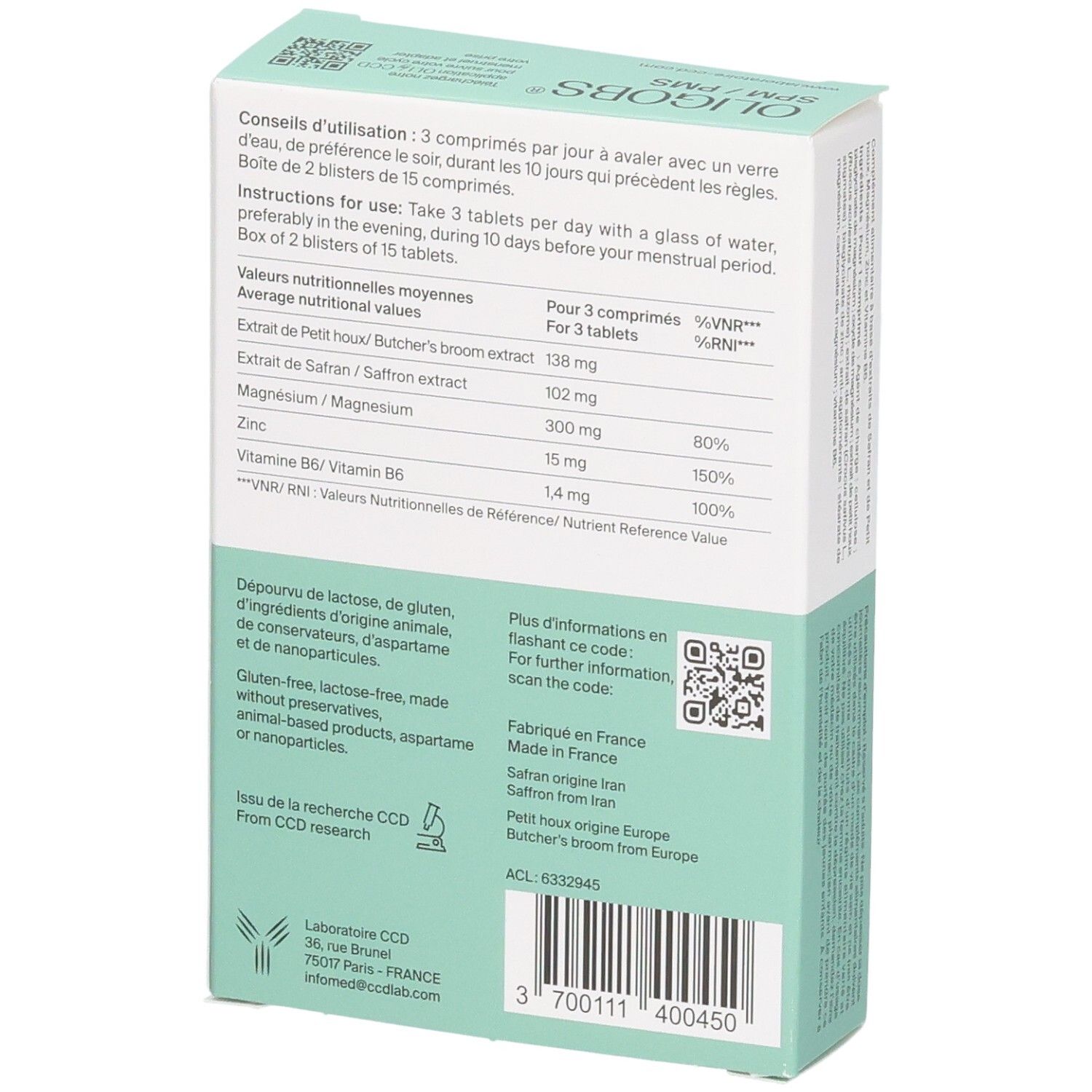 Oligobs SPM/PMS : arrière de la boîte de 30 comprimés, valeurs nutritionnelles et conseils d'utilisation.