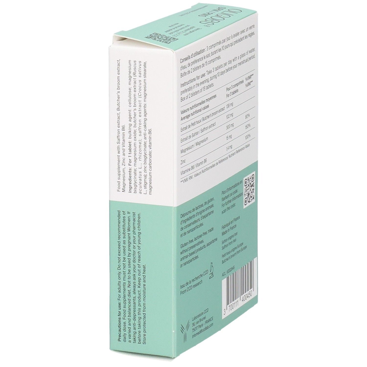 Oligobs SPM/PMS : vue latérale de la boîte de 30 comprimés, avertissements et informations fabricant.