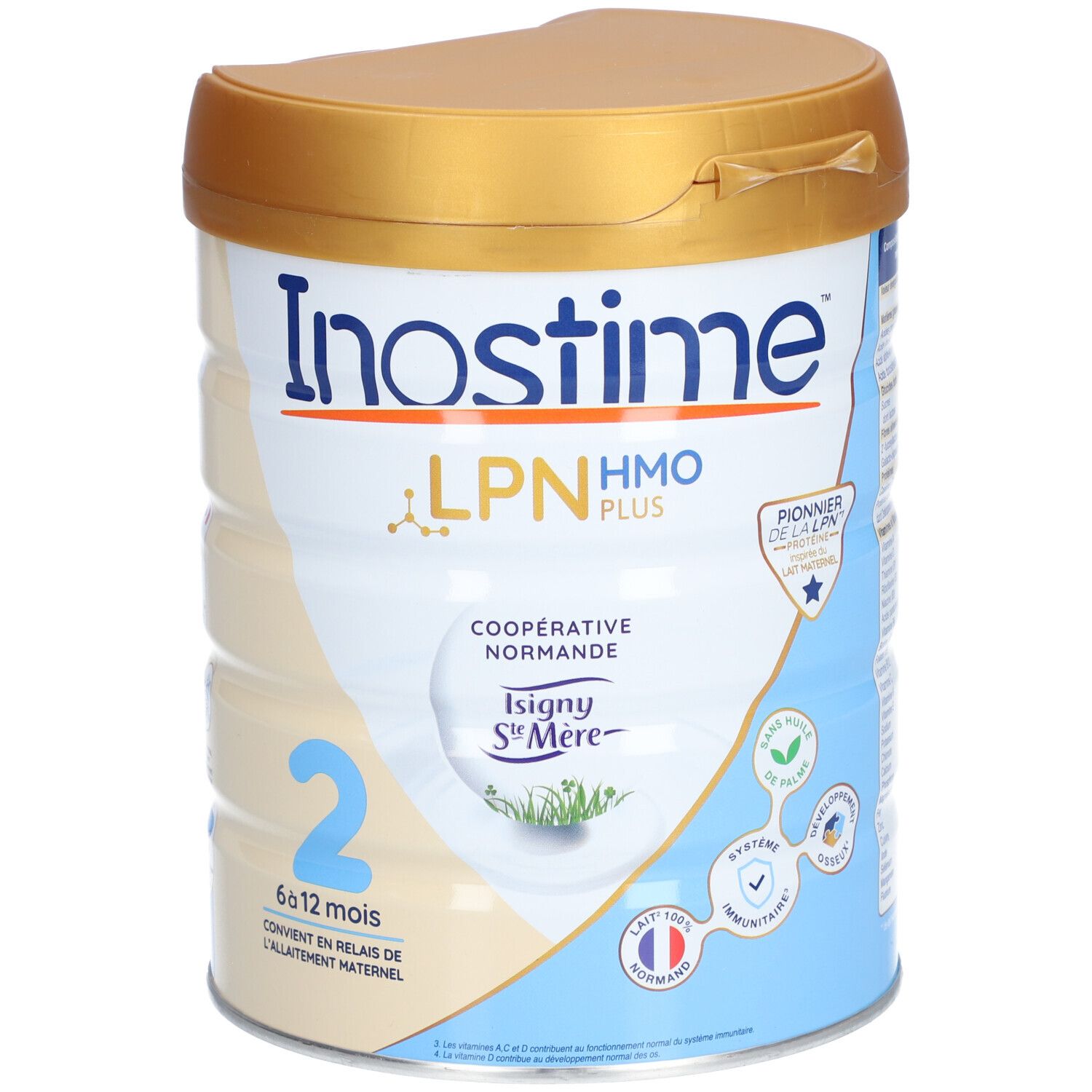 Boîte de lait en poudre pour bébé avec couvercle. Inostime LPN HMO Plus. Numéro 2, 6-12 mois. Tons bleus et dorés.