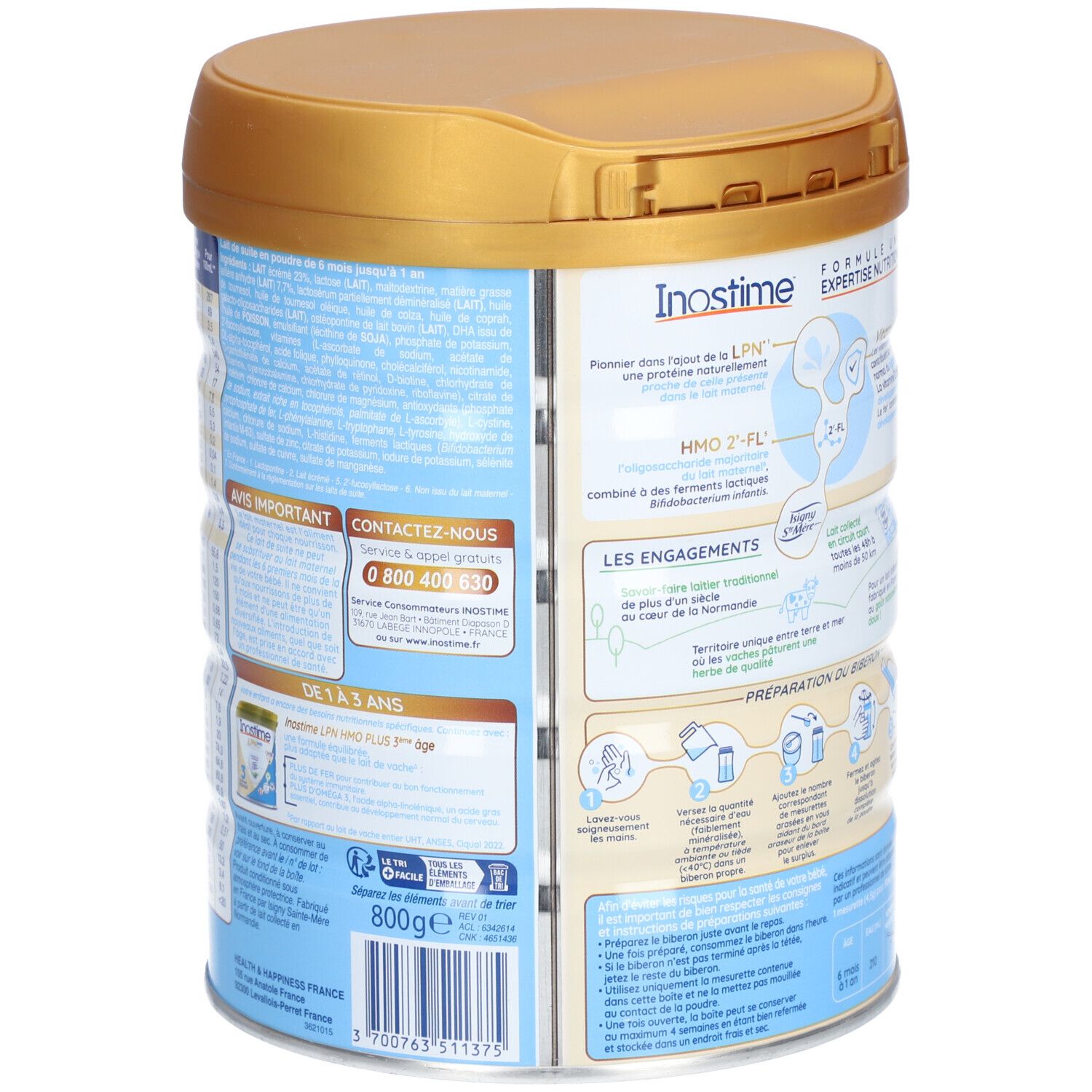 Boîte de lait en poudre pour bébé, vue arrière. Informations sur les ingrédients et la valeur nutritionnelle. Couvercle doré, impressions bleues et blanches.