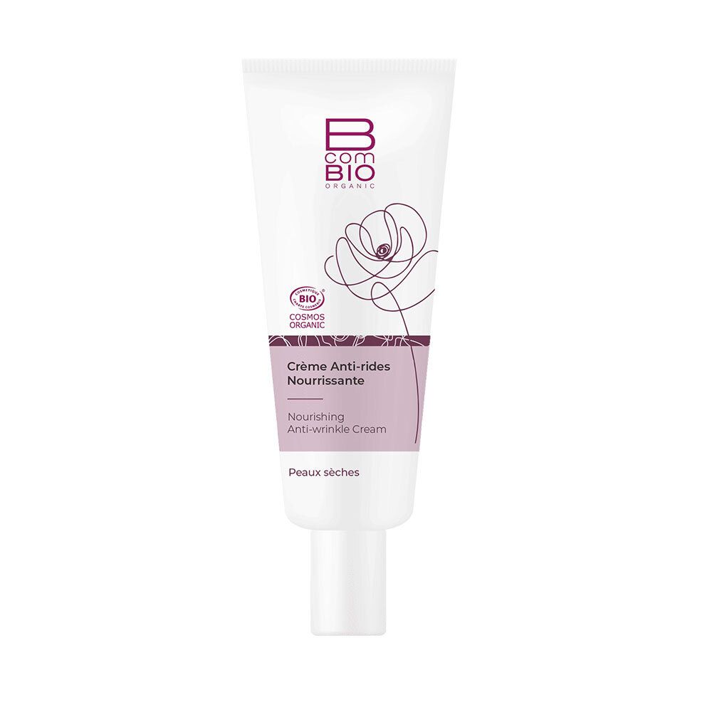 Tube blanc de crème. Inscription: B COM BIO ORGANIC, Crème Anti-rides Nourrissante, certification Cosmos Organic.