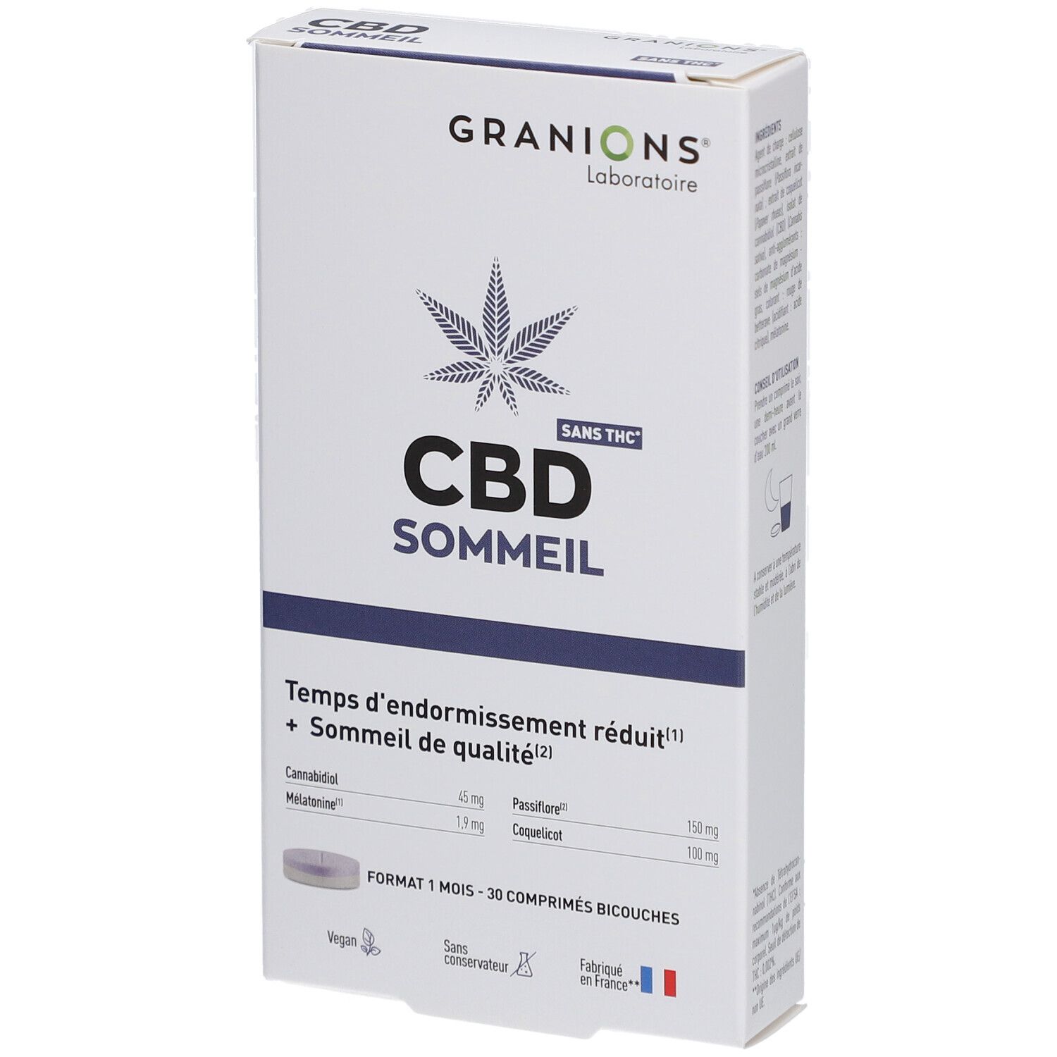 Boîte de comprimés CBD Sommeil Granions. Contient 30 comprimés bicouches. Ingrédients : Cannabidiol, Mélatonine, Coquelicot.