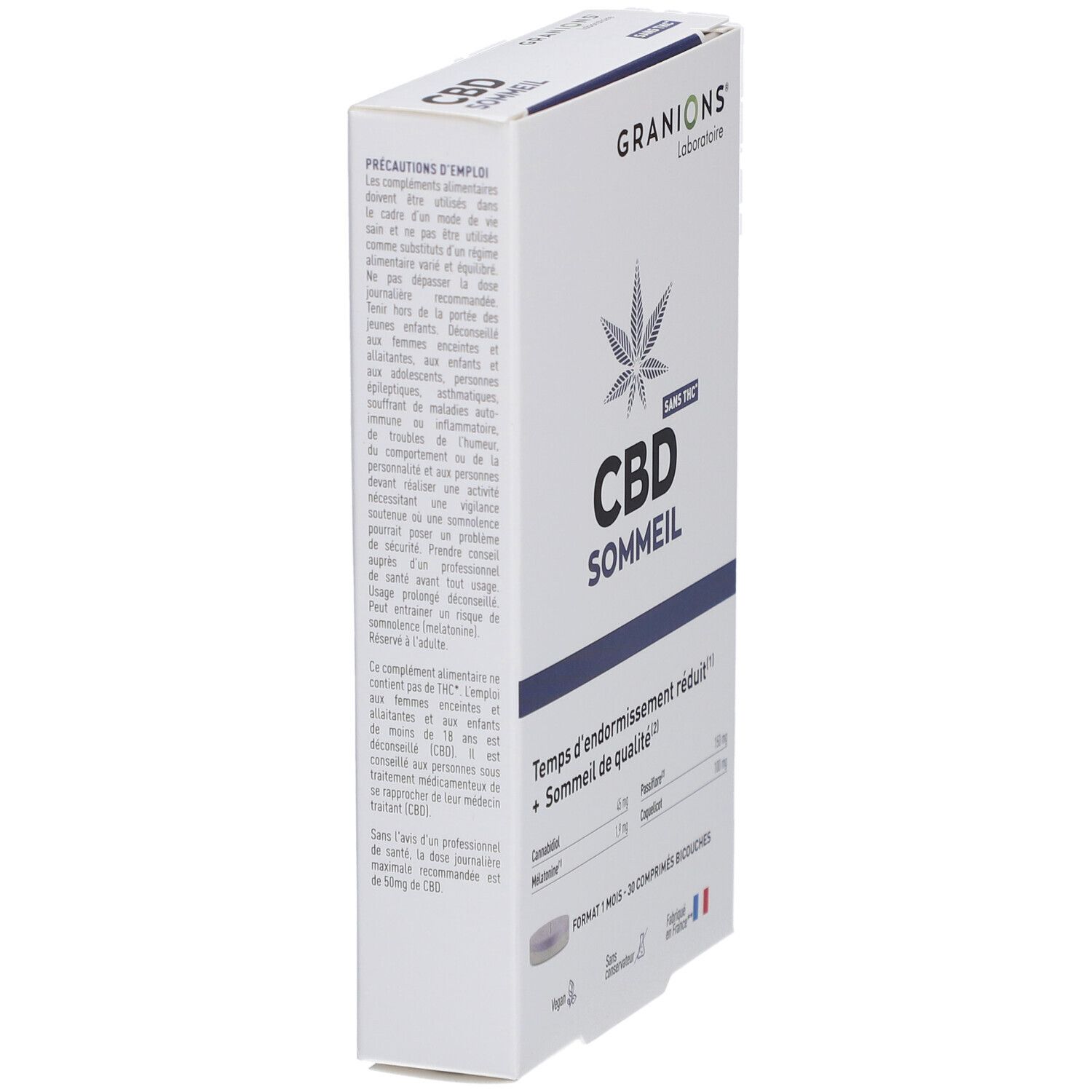 Boîte Granions CBD Sommeil, vue latérale. Inscriptions : CBD Sommeil, Sans THC. Informations sur les ingrédients et l'utilisation.