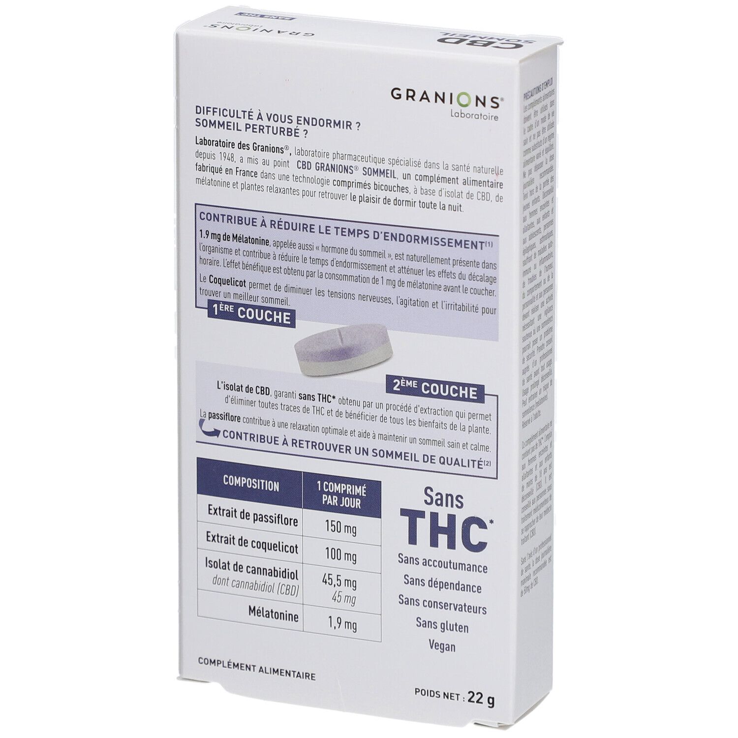 Dos de la boîte Granions CBD Sommeil. Informations sur les ingrédients, le dosage et le fabricant.