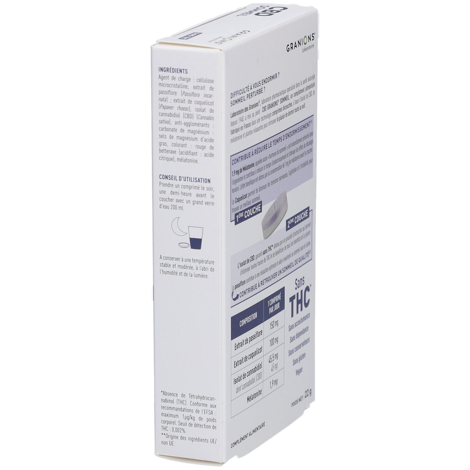 Vue latérale de la boîte Granions CBD Sommeil. Informations sur les ingrédients et l'utilisation.