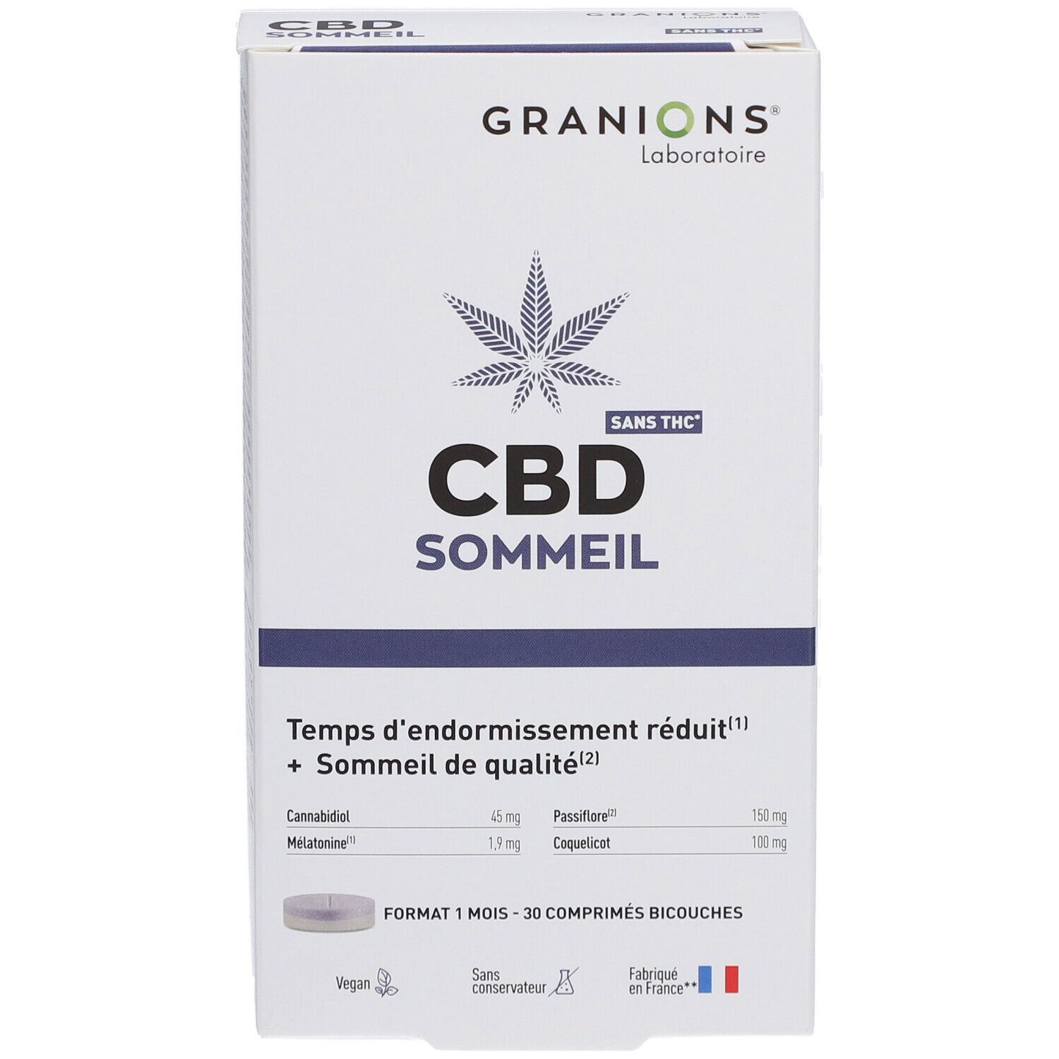 Boîte Granions CBD Sommeil, face avant. Contient 30 comprimés. Avec cannabidiol, mélatonine et coquelicot. Vegan.