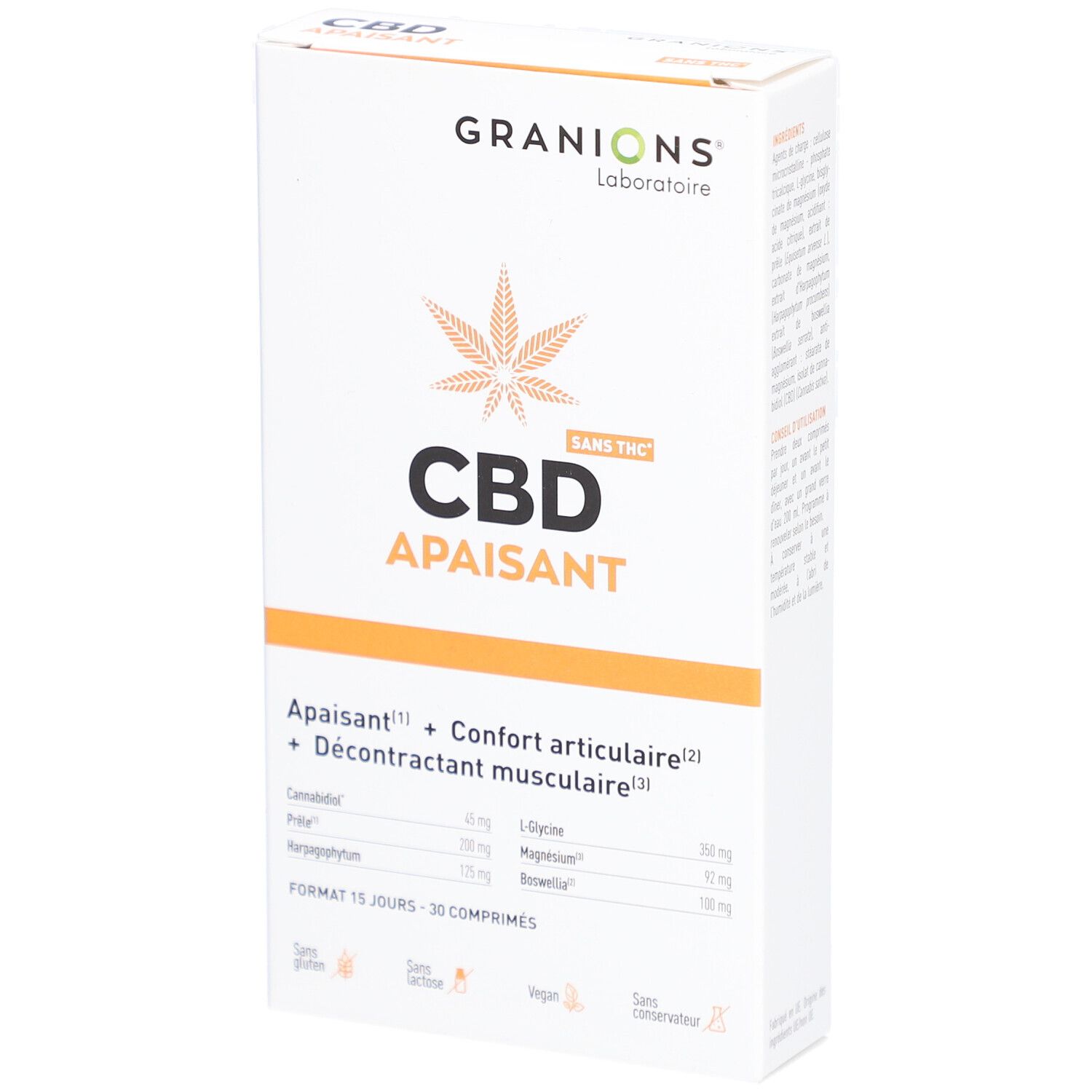 Boîte blanche Granions CBD Apaisant. Contient 30 comprimés. Sans THC, gluten, lactose, vegan. Ingrédients et logo feuille de cannabis.