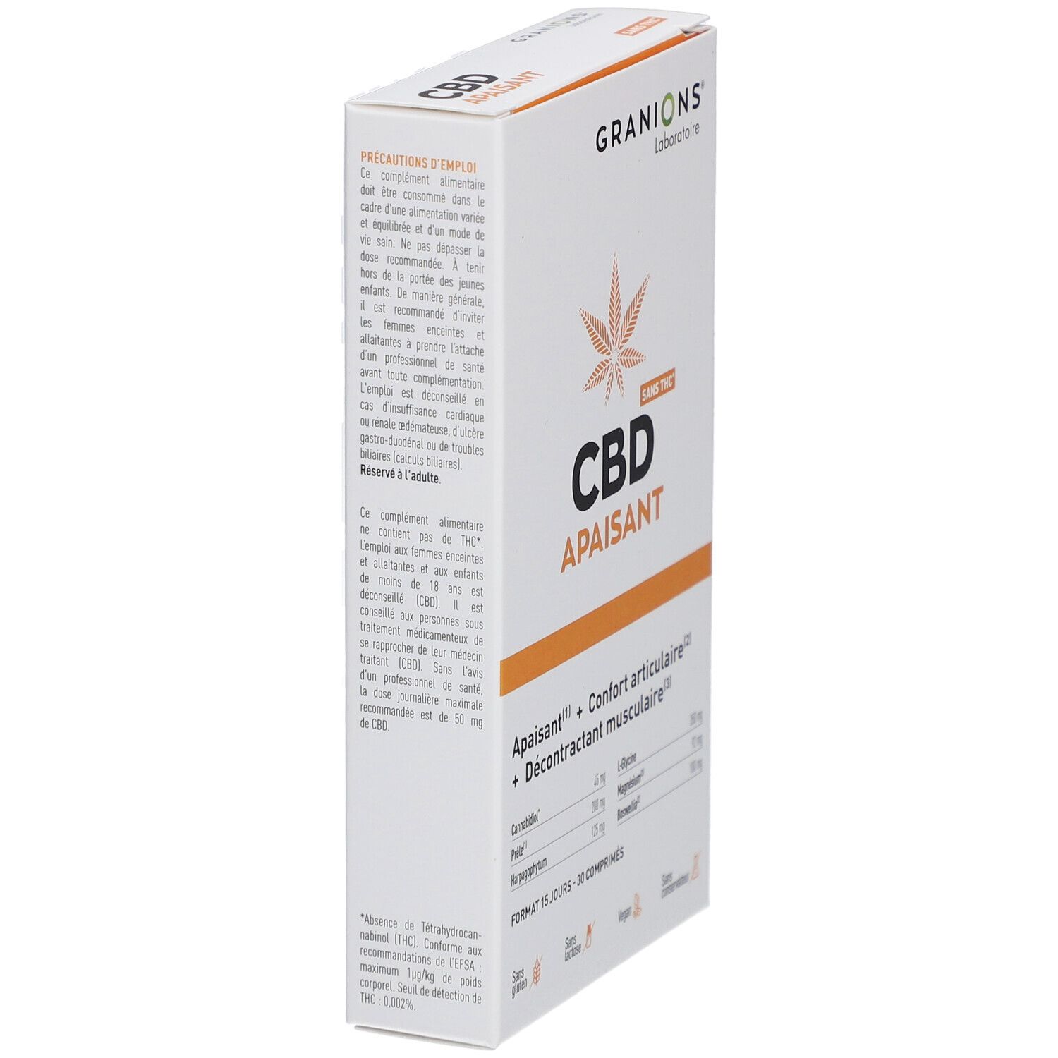 Boîte blanche Granions CBD Apaisant. Contient 30 comprimés. Sans THC. Texte sur précautions et ingrédients. Logo feuille de cannabis.