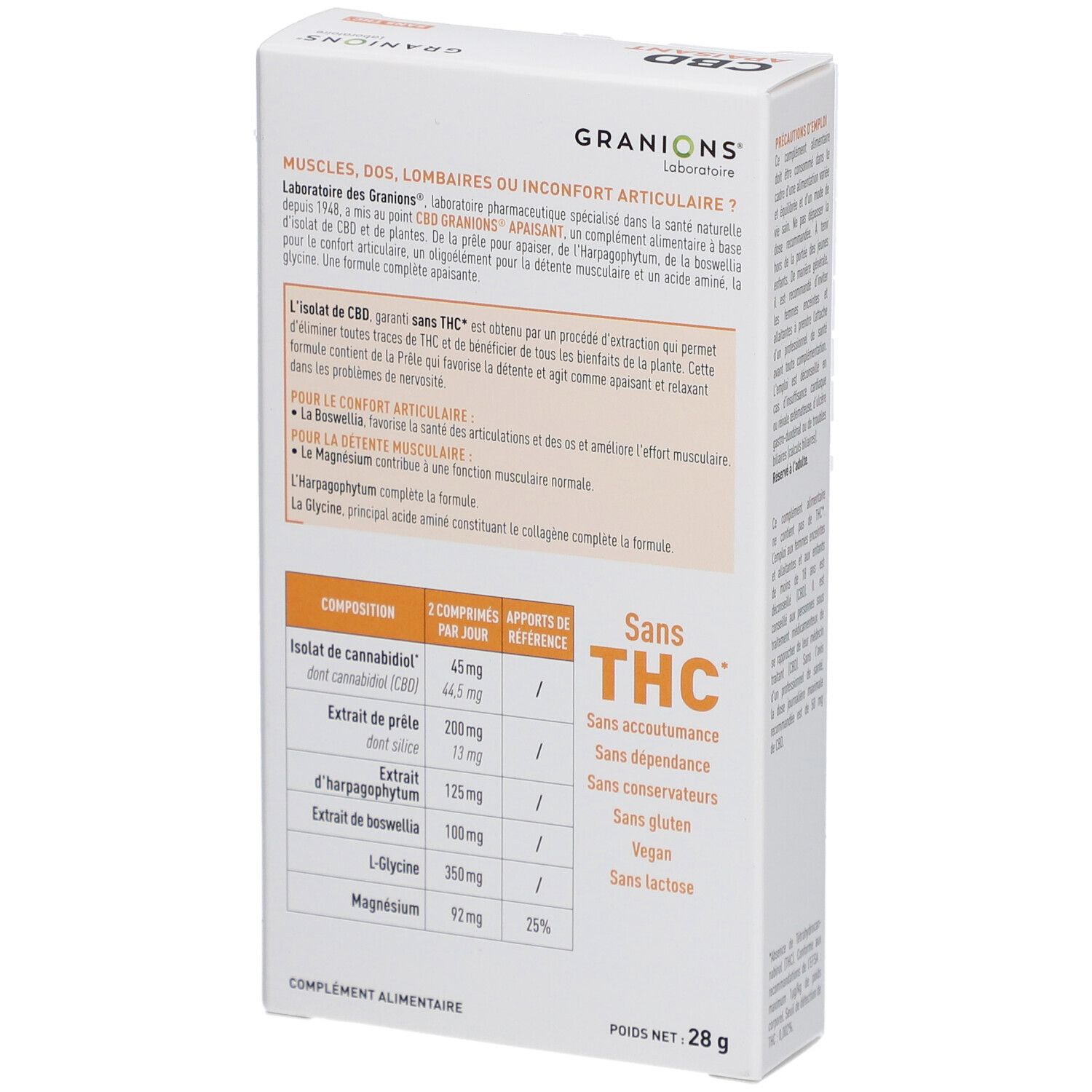 Dos de la boîte blanche. Granions CBD Apaisant. Ingrédients, informations nutritionnelles, sans THC. Texte sur les ingrédients et leurs effets.