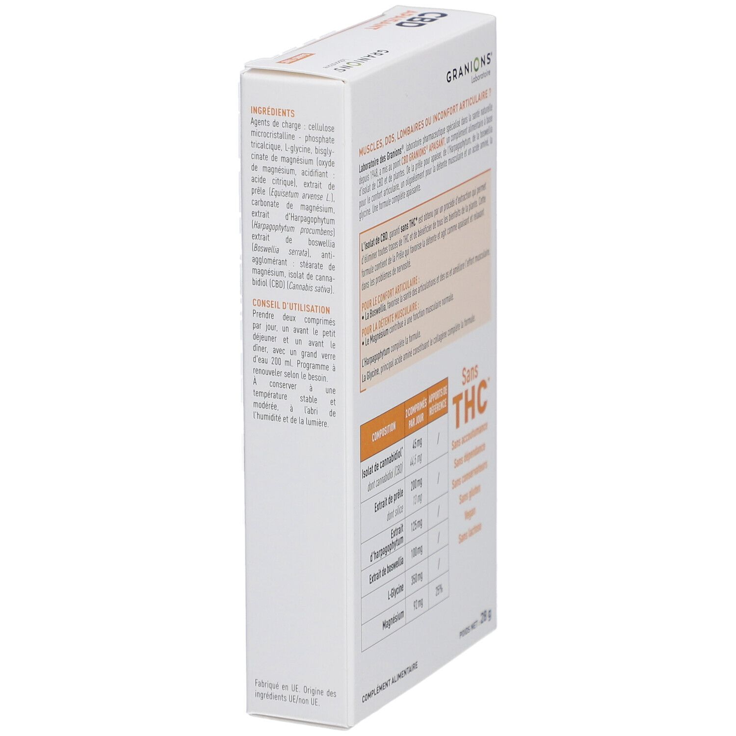 Boîte blanche, Granions CBD Apaisant. Ingrédients, conseils d'utilisation. Sans THC. Texte sur les ingrédients et leurs effets.