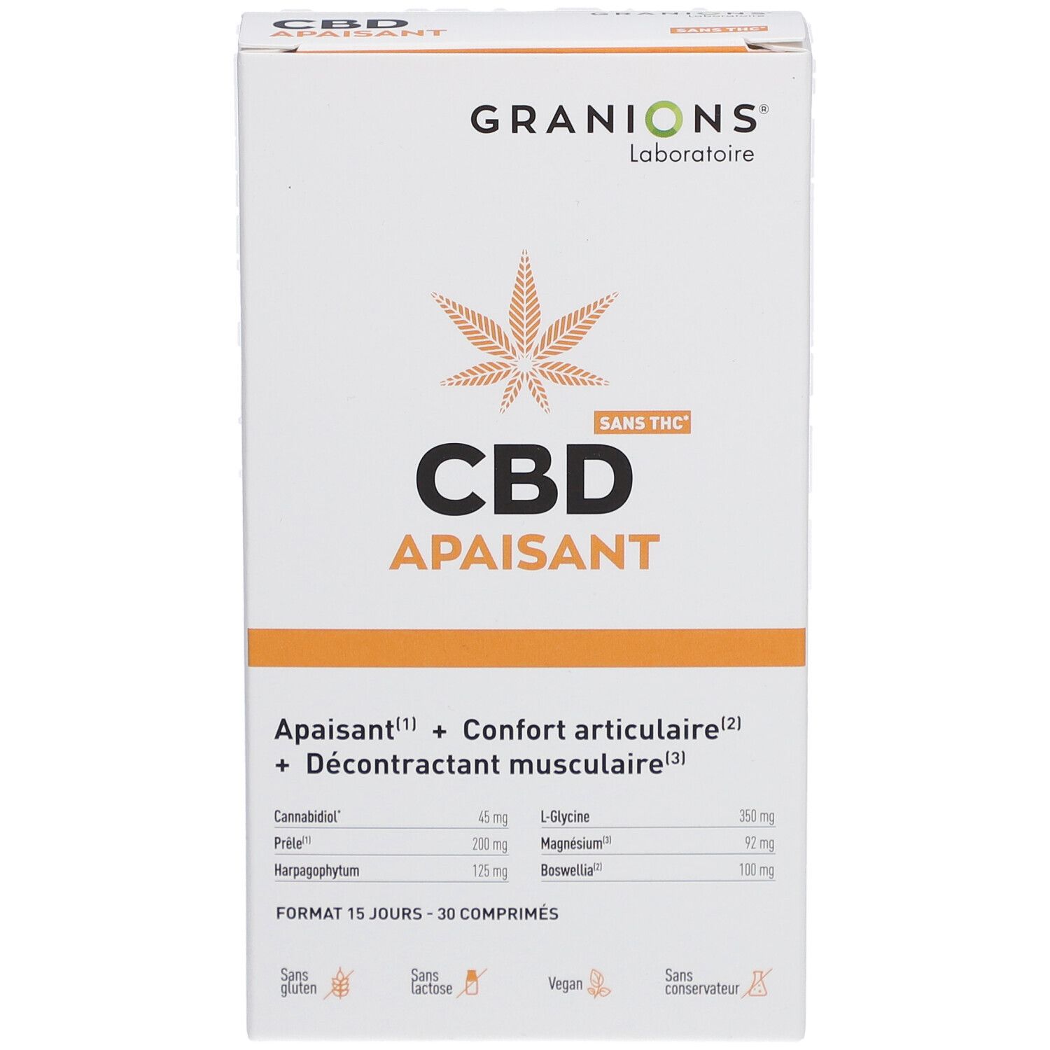 Boîte blanche Granions CBD Apaisant. Contient 30 comprimés. Sans THC, gluten, lactose, vegan. Ingrédients et logo feuille de cannabis.
