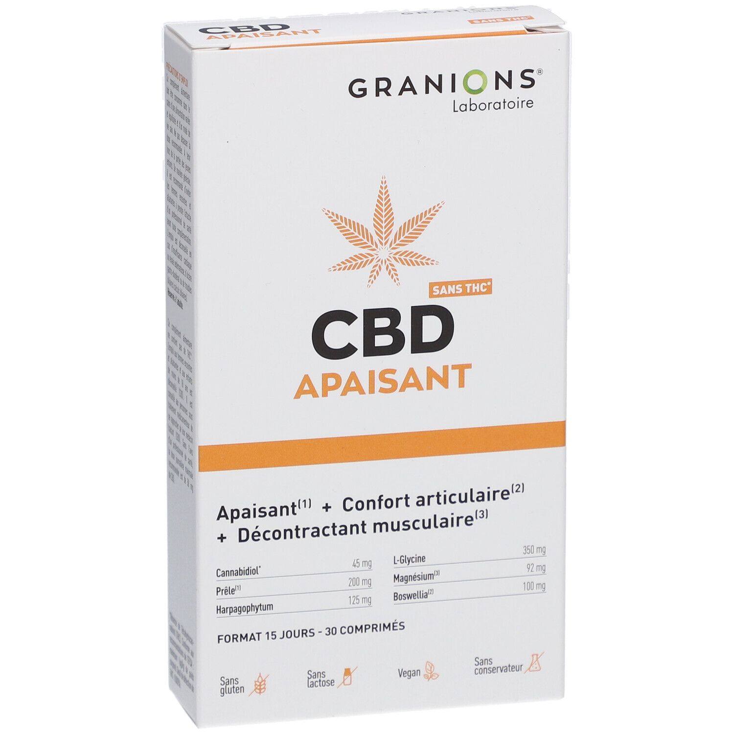Boîte blanche Granions CBD Apaisant. Contient 30 comprimés. Sans THC, gluten, lactose, vegan. Ingrédients et logo feuille de cannabis.