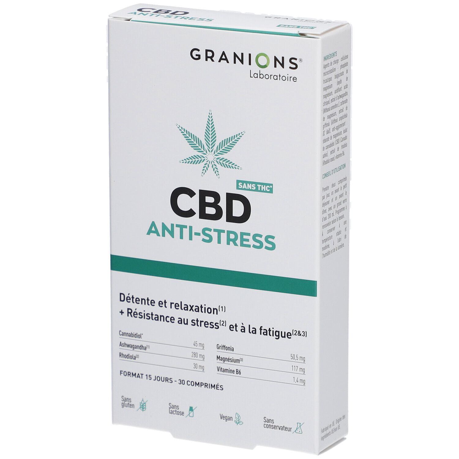 Boîte de CBD Anti-Stress de Granions. Contient 30 comprimés. Avec CBD, Ashwagandha, Rhodiola, Griffonia, Magnésium et Vitamine B6.