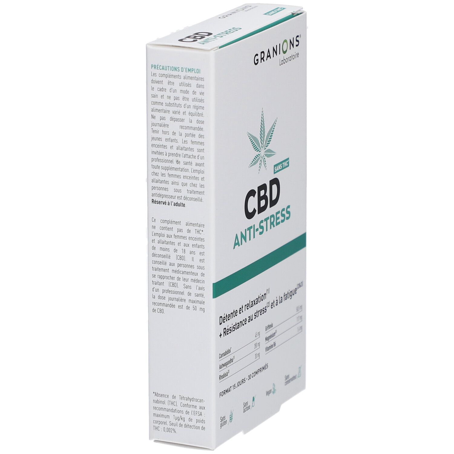 Boîte de CBD Anti-Stress de Granions. Vue latérale. Contient des informations sur les ingrédients et les précautions. Avec logo Sans THC.