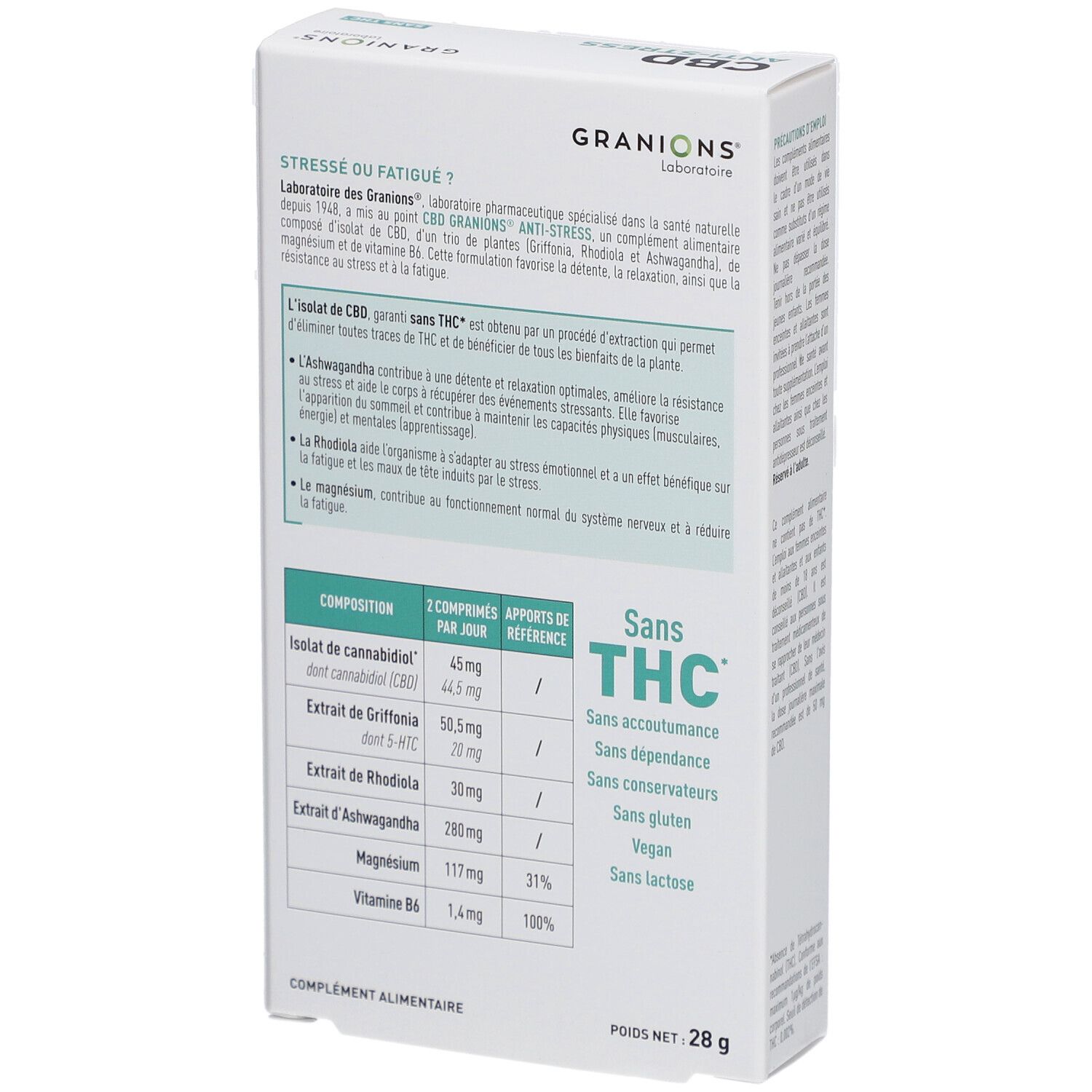 Dos de l'emballage CBD Anti-Stress de Granions. Contient des informations sur les ingrédients, le logo Sans THC et les informations nutritionnelles.