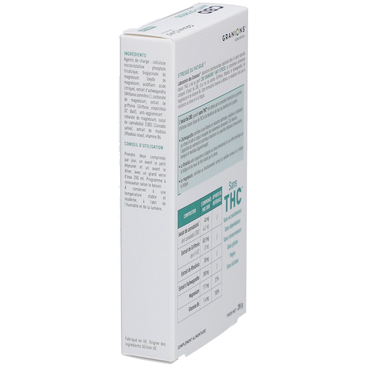 Vue latérale de l'emballage CBD Anti-Stress de Granions. Contient des informations sur les ingrédients, le logo Sans THC et les informations nutritionnelles.