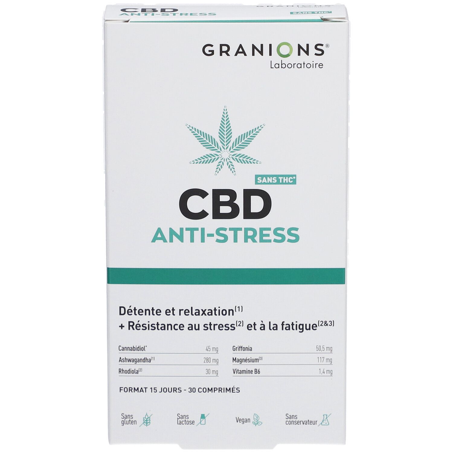 Boîte de CBD Anti-Stress de Granions. Contient 30 comprimés. Avec CBD, Ashwagandha, Rhodiola, Griffonia, Magnésium et Vitamine B6.