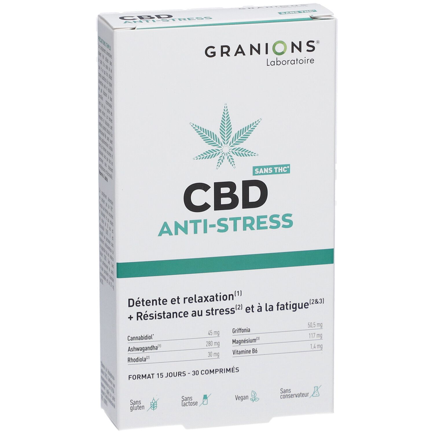 Boîte de CBD Anti-Stress de Granions. Contient 30 comprimés. Avec CBD, Ashwagandha, Rhodiola, Griffonia, Magnésium et Vitamine B6.