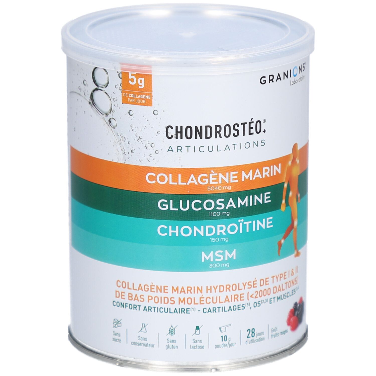 Boîte CHONDROSTÉO, blanc, orange, vert. Contient collagène, glucosamine, chondroïtine, MSM. Logo Granions. 280g.