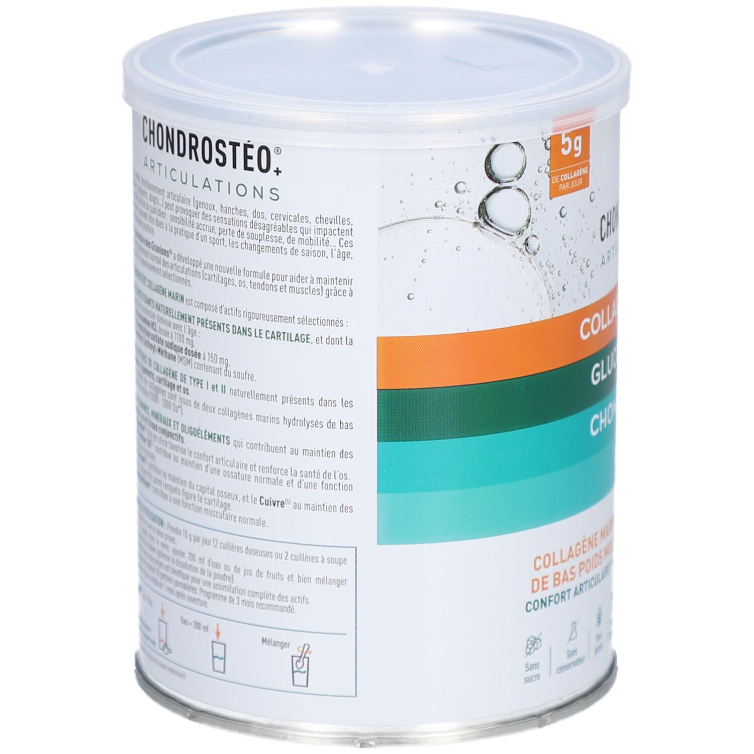 Dos de la boîte CHONDROSTÉO. Texte en français. Contient des informations sur les ingrédients et l'utilisation.