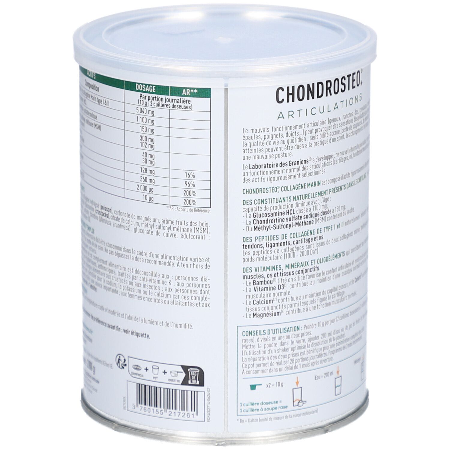 Dos de la boîte CHONDROSTÉO. Texte en français. Contient des informations sur les ingrédients et l'utilisation.