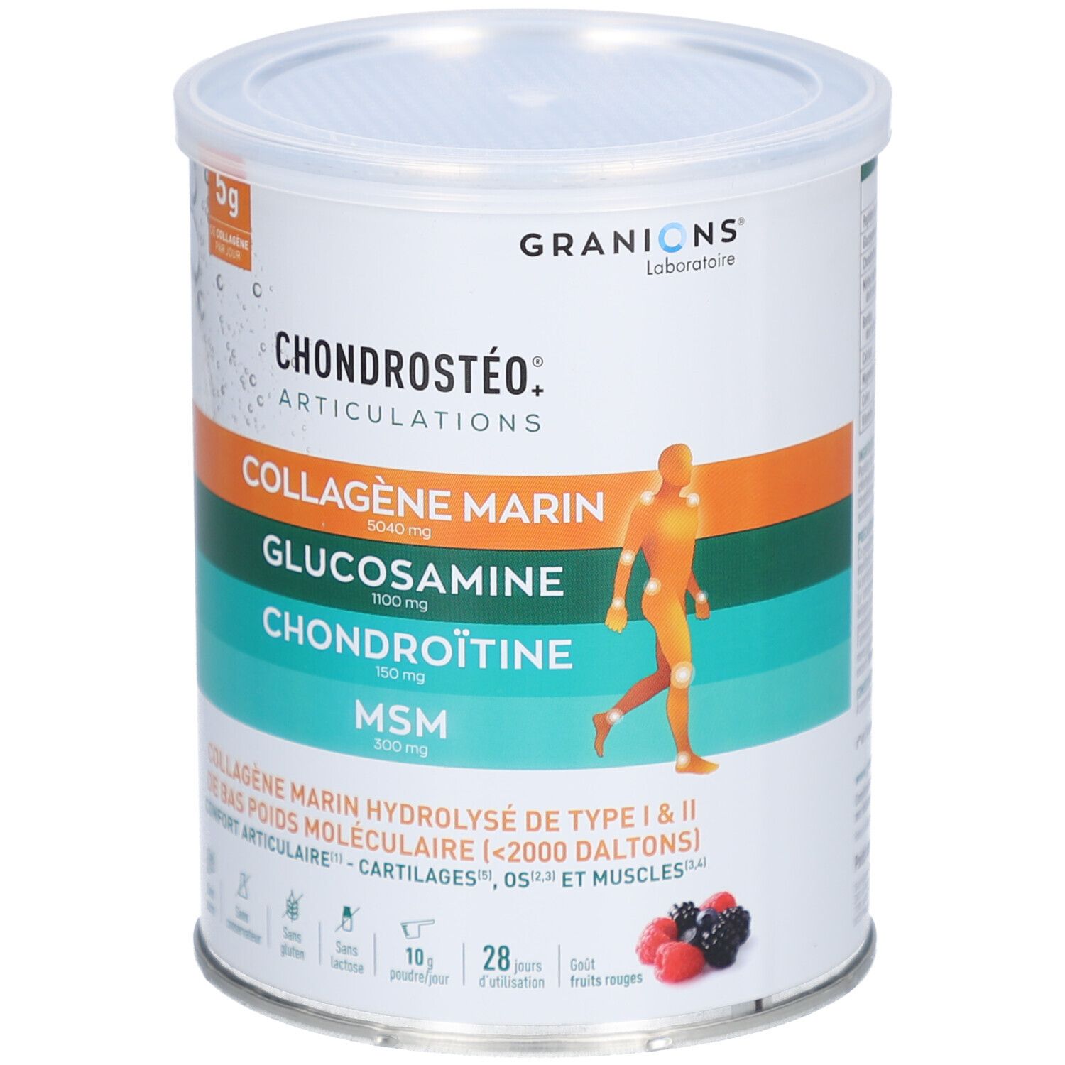 Boîte CHONDROSTÉO, blanc, orange, vert. Contient collagène, glucosamine, chondroïtine, MSM. Logo Granions. 280g.