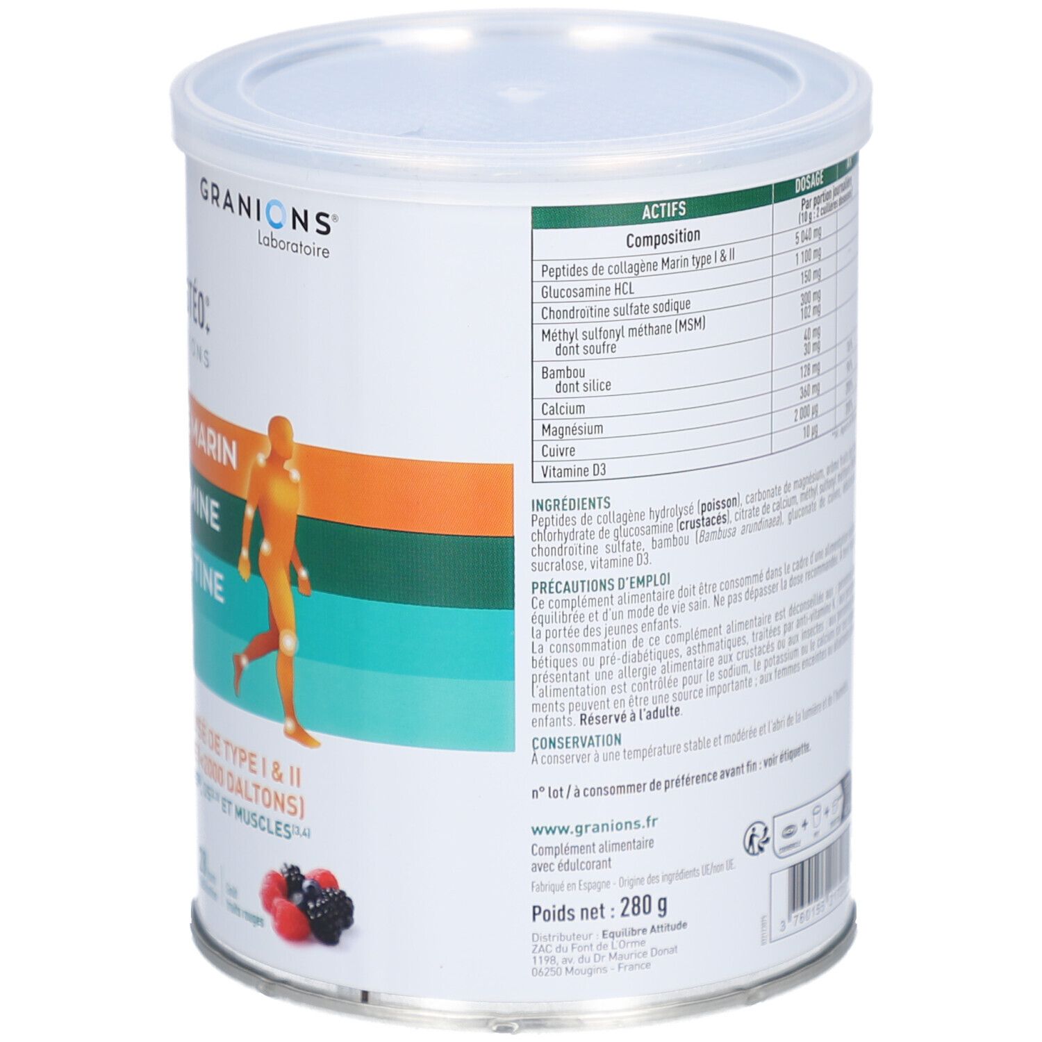 Dos de la boîte CHONDROSTÉO. Texte en français. Contient des informations sur les ingrédients et l'utilisation.