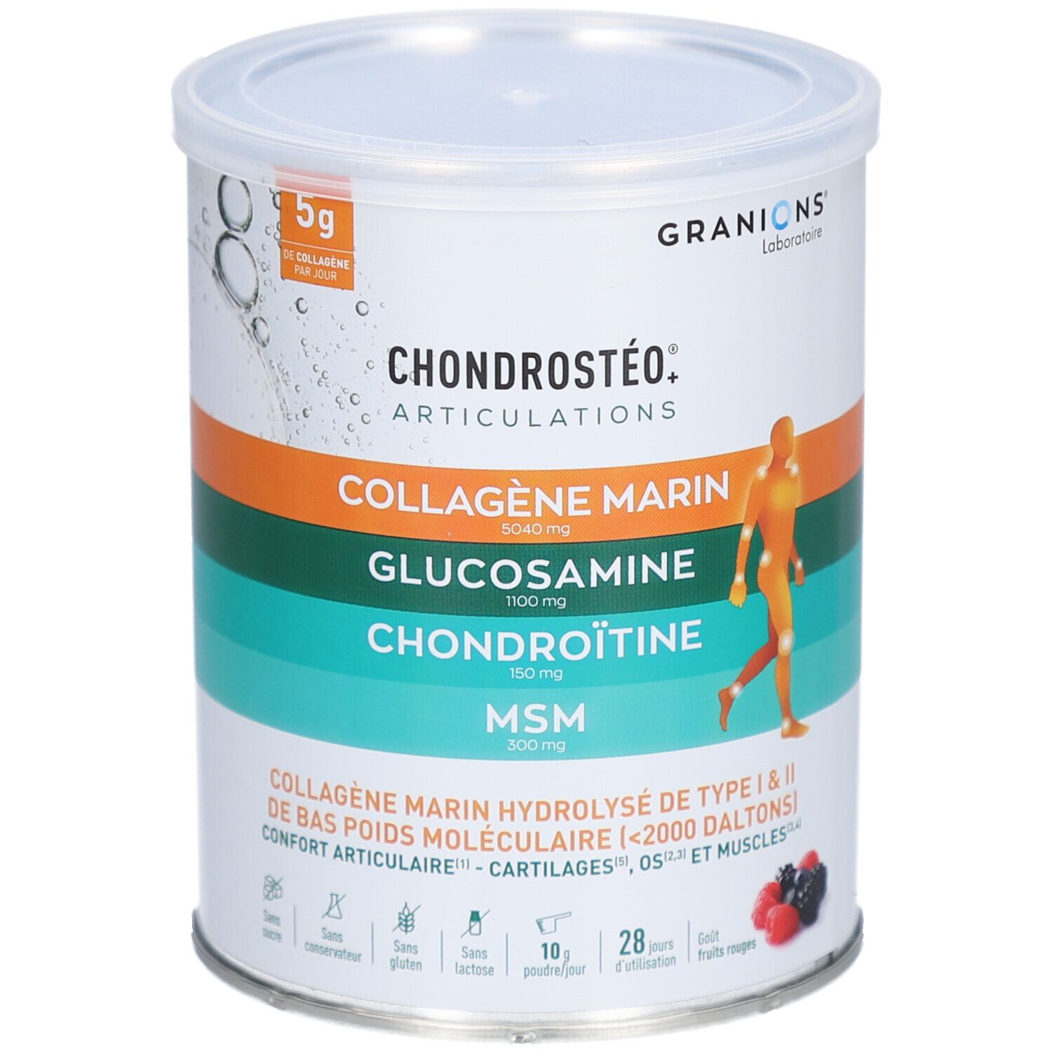 Boîte CHONDROSTÉO, blanc, orange, vert. Contient collagène, glucosamine, chondroïtine, MSM. Logo Granions. 280g.