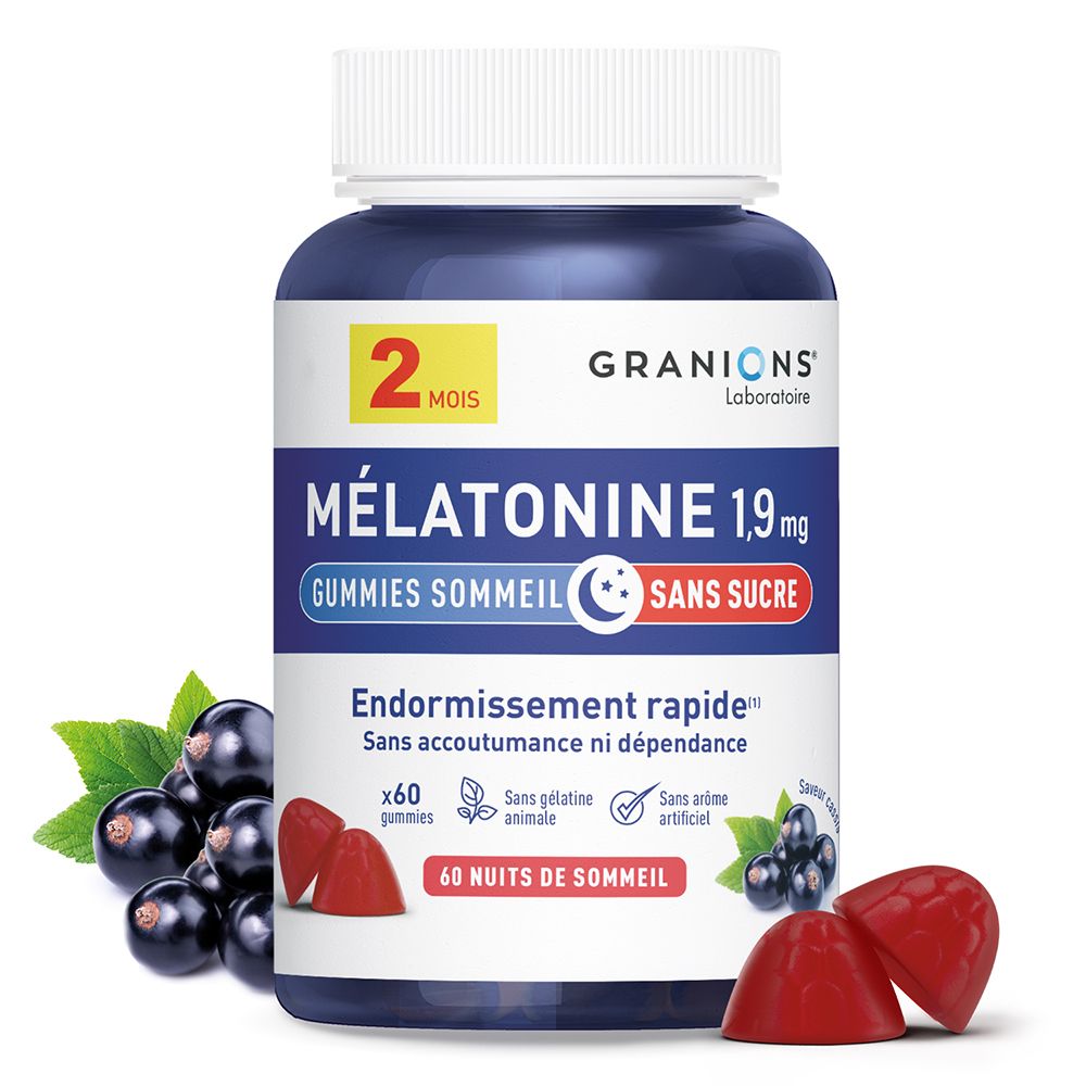 Flacon bleu foncé, bouchon blanc. Mélatonine 1,9 mg, Gummies sommeil, sans sucre. 60 gummies. Fruits noirs et bonbons.