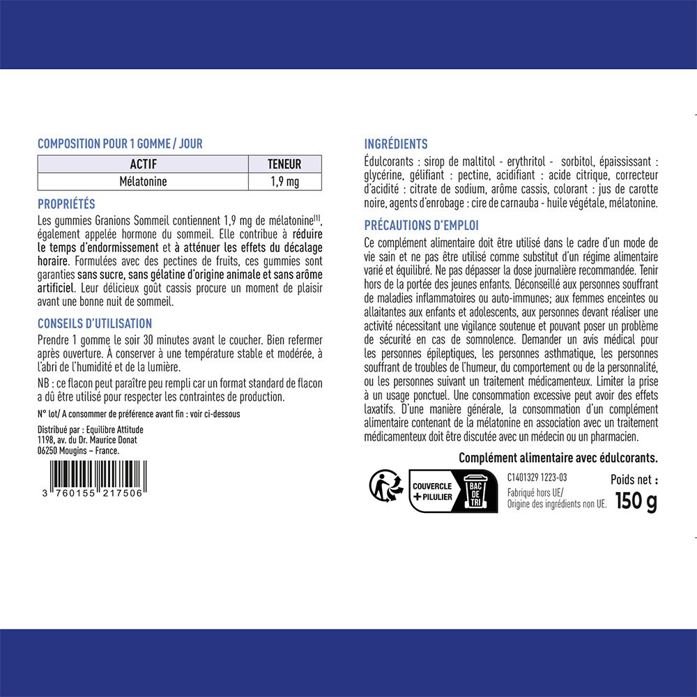 Dos du flacon. Ingrédients, conseils d'utilisation, avertissements. Poids : 150 g. Informations fabricant.
