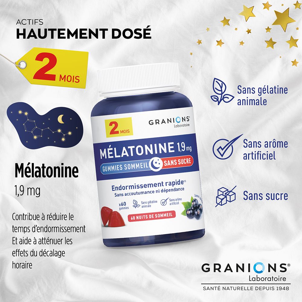 Flacon bleu foncé, bouchon blanc. Mélatonine 1,9 mg, Gummies sommeil, sans sucre. 60 gummies. Symboles.