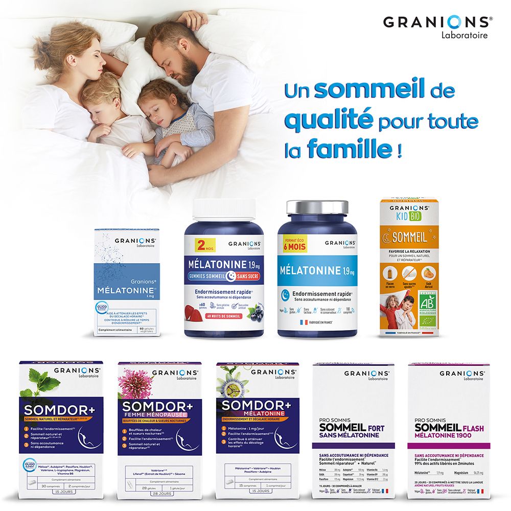 Famille au lit. Produits : Mélatonine, Mélatonine Kid, Somdor+. Emballages. Texte : Un sommeil de qualité.