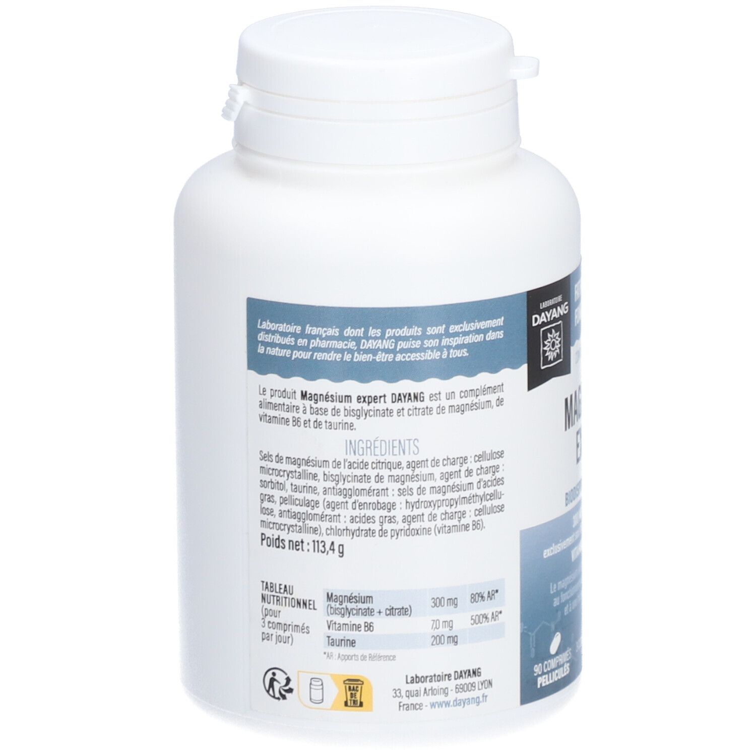 Dos du flacon blanc DAYANG Magnesium Expert. Liste des ingrédients, tableau nutritionnel, poids 113,4 g. Laboratoire français.