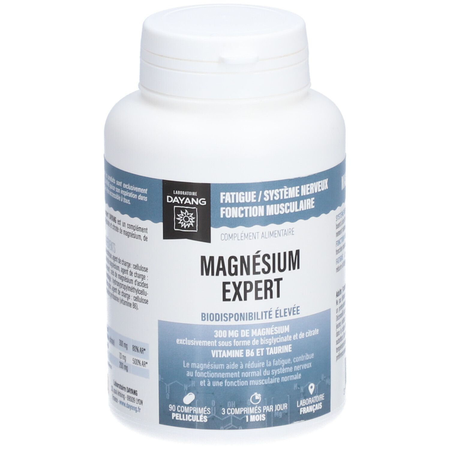 Flacon blanc DAYANG Magnesium Expert. Inscription: Fatigue/Système nerveux, 90 comprimés, 3 par jour. Laboratoire français.
